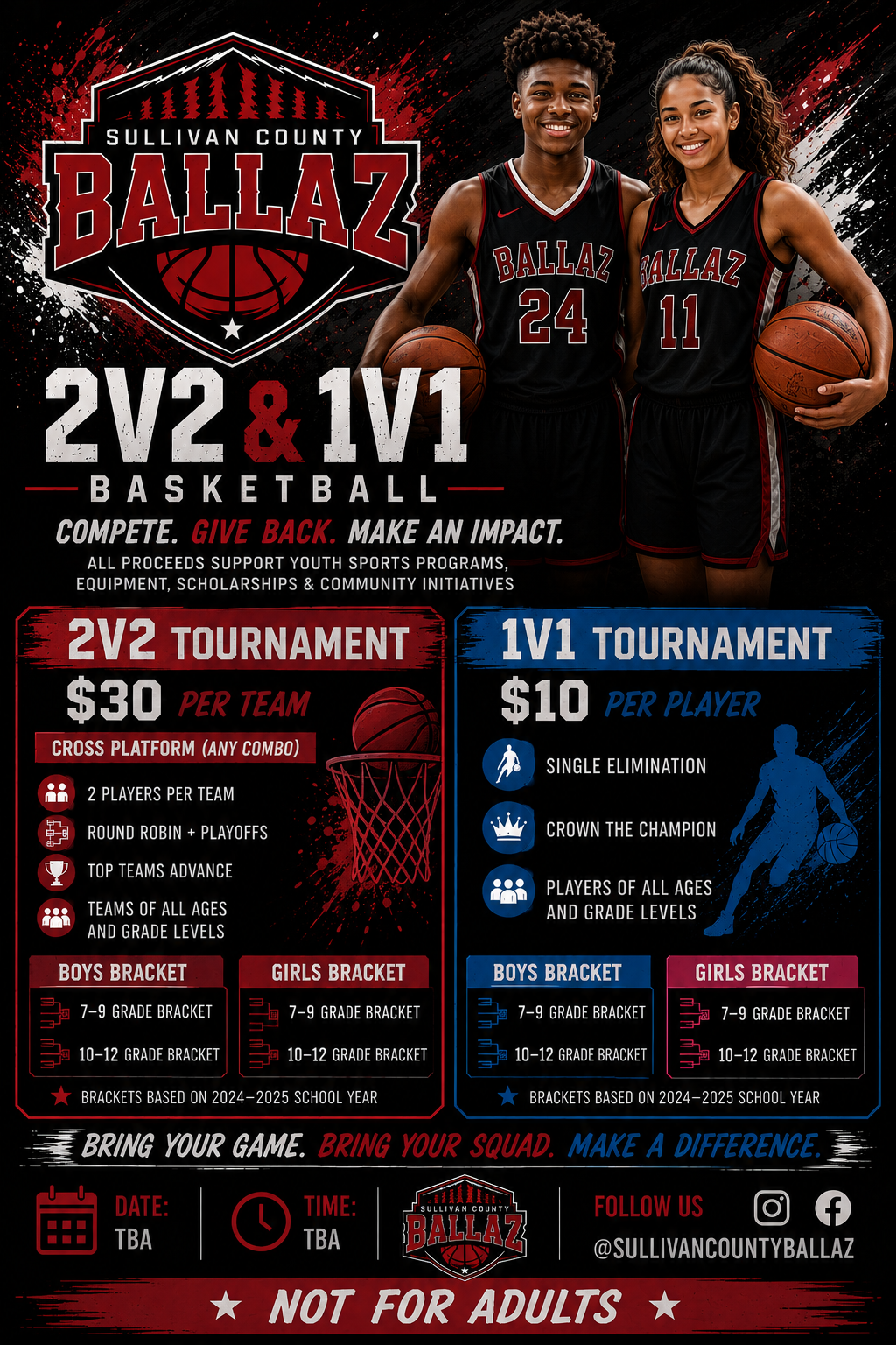 Sullivan County Ballaz 2V2 and 1V1 Basketball Tournament flyer — Boys and Girls brackets, Class of 2027 through 2031